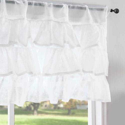jinchan White Ruffled Valance Curtain for Window Shabbychic Rustic Kitchen Valance for Living Room Bedroom Decor 18 Inch Semi Sheer Voile Small Window Treatment Rod Pocket 1 Panel