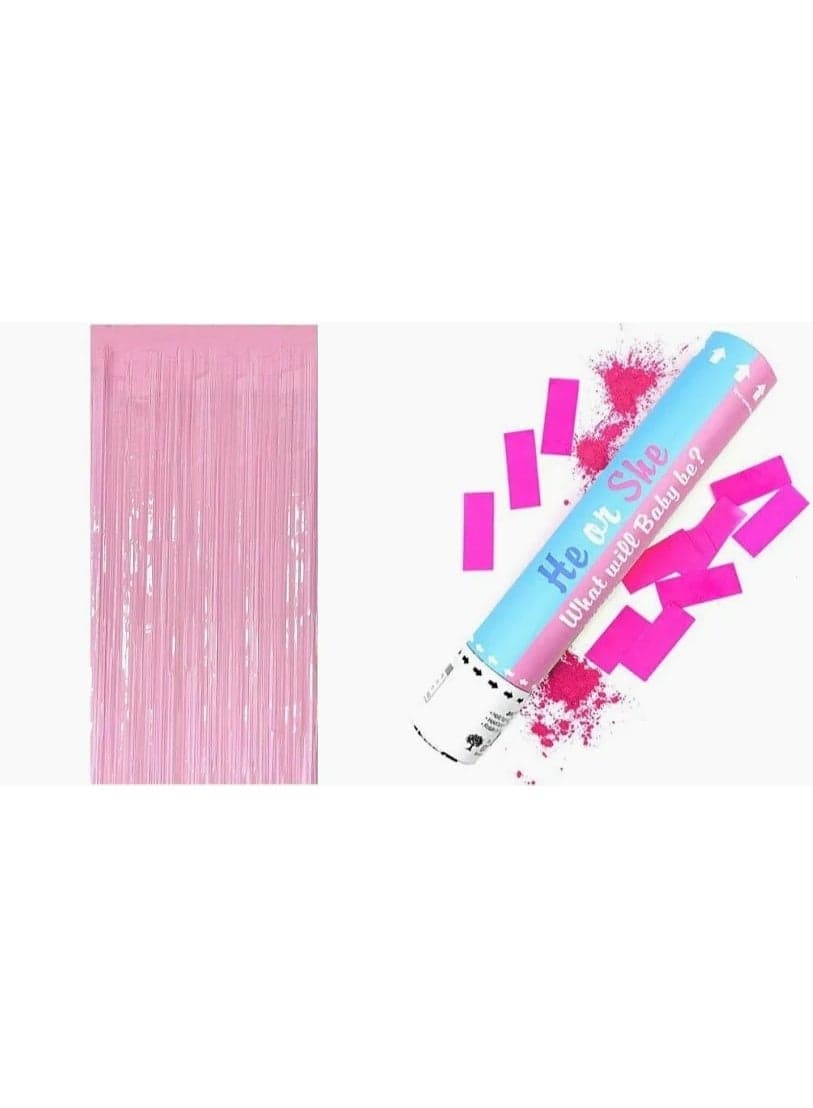 Pack of 2 gender reveal items pink pastel curtain and one pink confetti party popper cannon