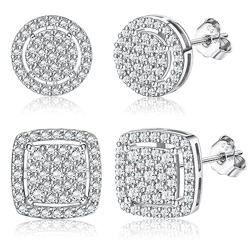 FASACCO Earrings for Men Sterling Silver Men's Earrings Silver Earrings for Men Iced Out Halo Square Earrings Set