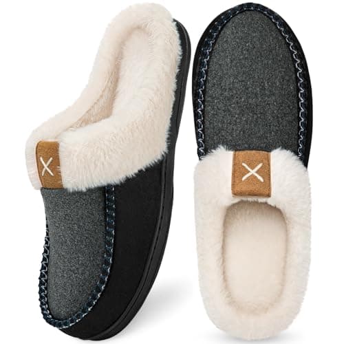 Homitem Mens Slippers Memory Foam Fuzzy Slippers for Men Wool-Like Plush Fleece Lined House Shoes Indoor Outdoor Anti-Skid Rubber Sole Home Bedroom(Size 9-10,Dark Black)