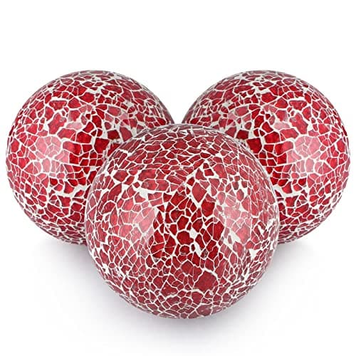 MDLUU 4" Decorative Orbs, Mosaic Sphere Balls, Centerpiece Balls for Bowls, Vases, Dining Table Decor, Pack of 3 (Red)