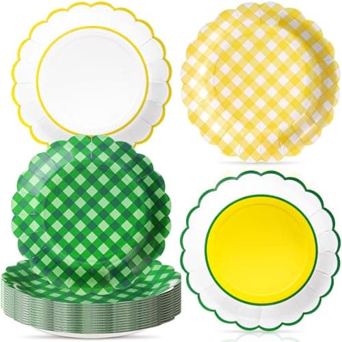 Tiangrid 60 Pcs Yellow Green Gingham Paper Plates 9 Inch Golf Checkered Plaid Scalloped Dinner Plate Disposable Dessert Dinnerware for Birthday Baby Shower Golf Bachelorette Party Decoration Supplies