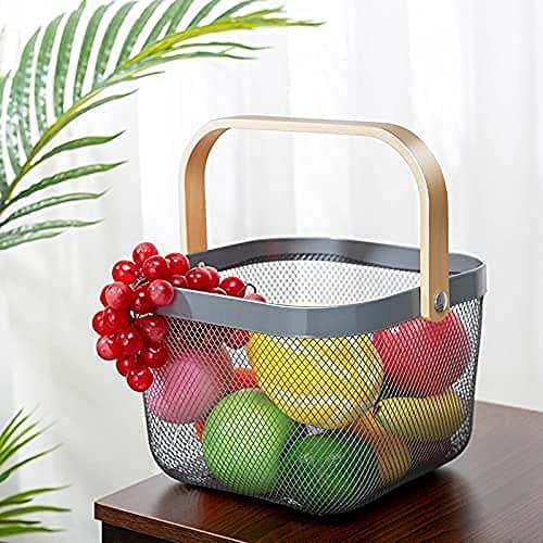 Jukkre Metal Mesh Steel Basket, Storage Organizer Basket Multi-functional Hanging Kitchen Baskets Fruit Basket Bin with Bamboo Handle for Kitchen Bathroom Picnic Decor Cabinet Home || 1 PCS