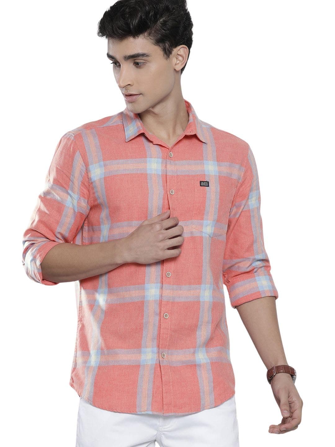 The Indian Garage Co Men Pink Checkered Slim Fit Cotton Casual Shirt