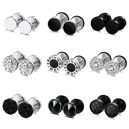 FIBO STEEL 9 Pairs Fake Gauge Earrings for Men Women Stainless Steel Stud Earrings Round Cheater Plug Earrings Faux Gauges Ear Tunnel Mens Earrings