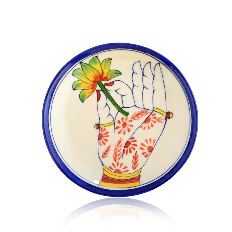 NATRIEL Blue Pottery White Color Plate Artisan Handcrafted Plate for Classic Home and Kitchen Decor and Serving Handmade and Handpainted Hand with Flower 6 to 8