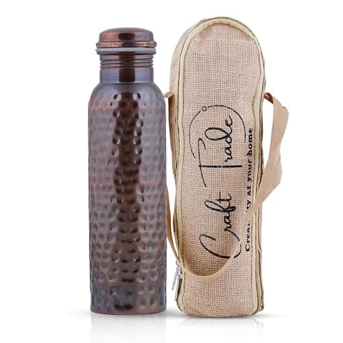 Craft Trade Pure Copper Water Bottle 34 Oz – 100% Pure Copper Bottle for Drinking with Ayurvedic Health Benefits – Handcrafted in Antique Finish - Leak-Proof, BPA-Free, Heavy-Duty with Jute Carry Case