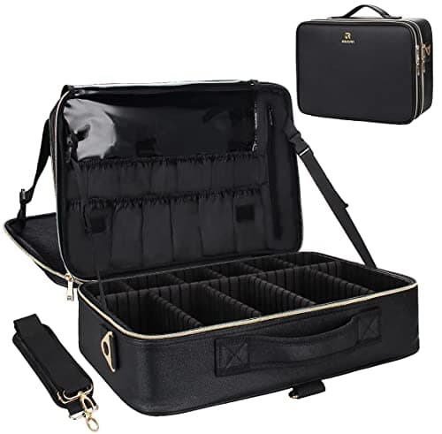 Relavel Makeup Case Large Makeup Bag Professional Train Case 16.5 inches Travel Cosmetic Organizer Brush Holder Waterproof Makeup Artist Storage Box, 3 Layer Large Capacity, with Adjustable Strap