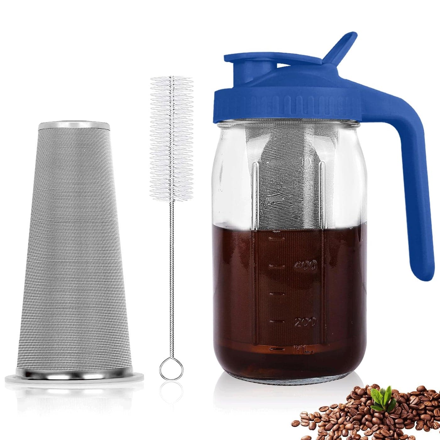 QHH Cold Brew Coffee Maker32 oz Mason Jar Pitcher with Stainless Steel Filter Pour Spout Handle Lid Heavy Duty Glass Airtight LeakProof Pitcher for iced coffee Tea LemonadeBlue