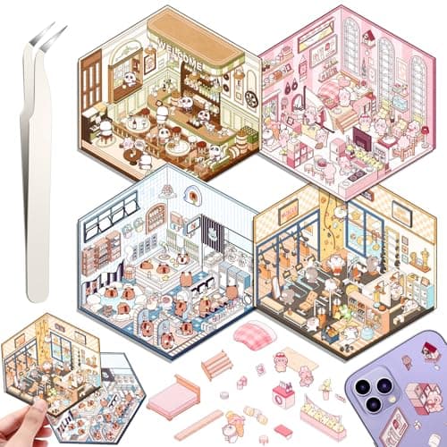 DIY 3D House Stickers, 4 Set Fun DIY Stickers Scene Make Your Own Warm Home, Supermarket, Coffee Shop, Music Bar, Cute 3D Cartoon Scene Stickers for Adult Kids Relief Stress Pass The Time (XM2.0)