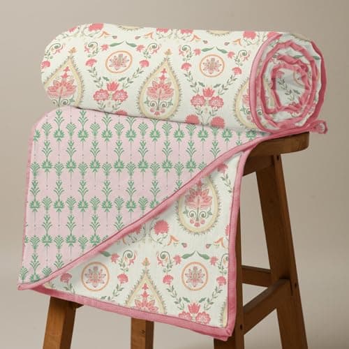 Urban Space 100% Cotton Malmal Double Bed Dohar, All Season Reversible Blanket, Soft, Lightweight and Breathable Ac Dohar/Quilt/Blanket/for Bed, Sofa AC Blanket (86 x 95 inch, Persian Courtyard Peach)