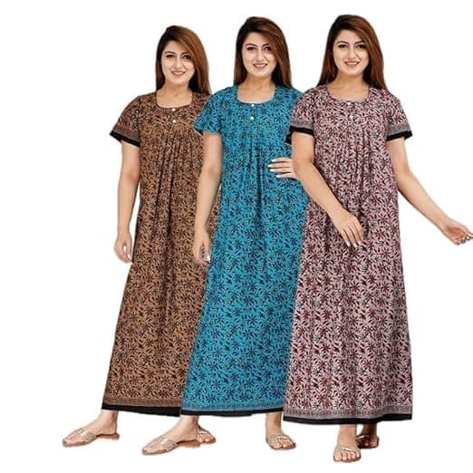 XAKALAKA Women’s Cotton Printed Maxi Nighty (Pack of 3) – Ankle-Length Free Size Night Dress Gowns | Soft & Breathable Sleepwear for Women | Comfortable Loungewear for Daily Use (Set-2, Free Size)