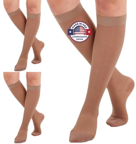 (3 Pairs - Closed Toe) Made in USA - Sheer Compression Socks for Women 15-20mmHg - Compression Stockings for Varicose Veins Circulation, Thrombosis, Embolism - Beige, Medium - A101BE2-3