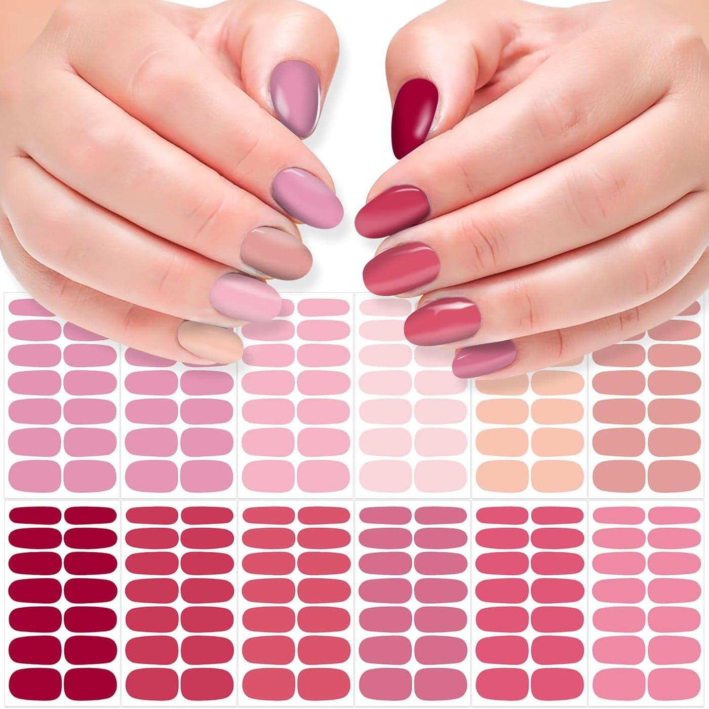 DANNEASY 12 Sheets Nail Polish Stickers Full Nail Wraps for Women Solid Color Fingernails Wraps Self Adhesive Nail Polish Strips Gel Nail Strips with Nail File, Cuticle Stick - Pink