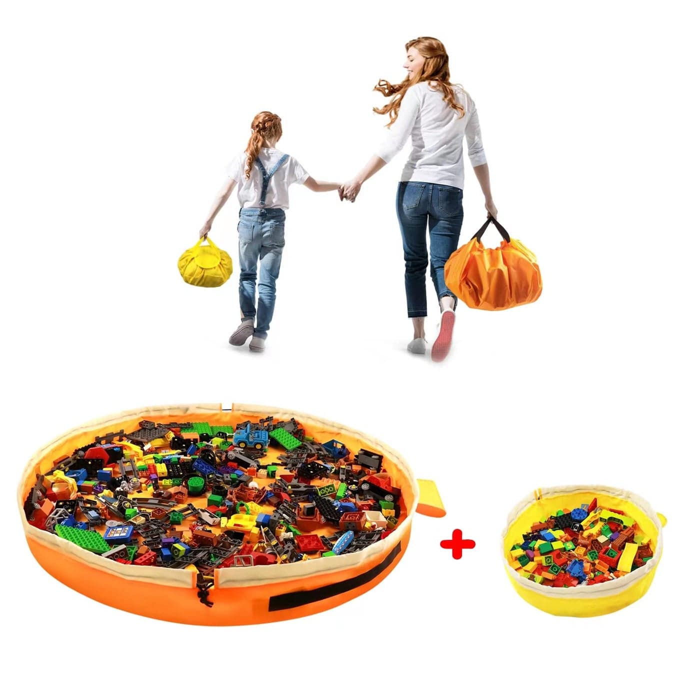 Toy Storage for Lego Play Mat Bag Duplo Toy Organizer Storage Bag by Drawstring for Kids Tidy Toy with Lips can as Gift 2Pcs Big Orange Mini Yellow