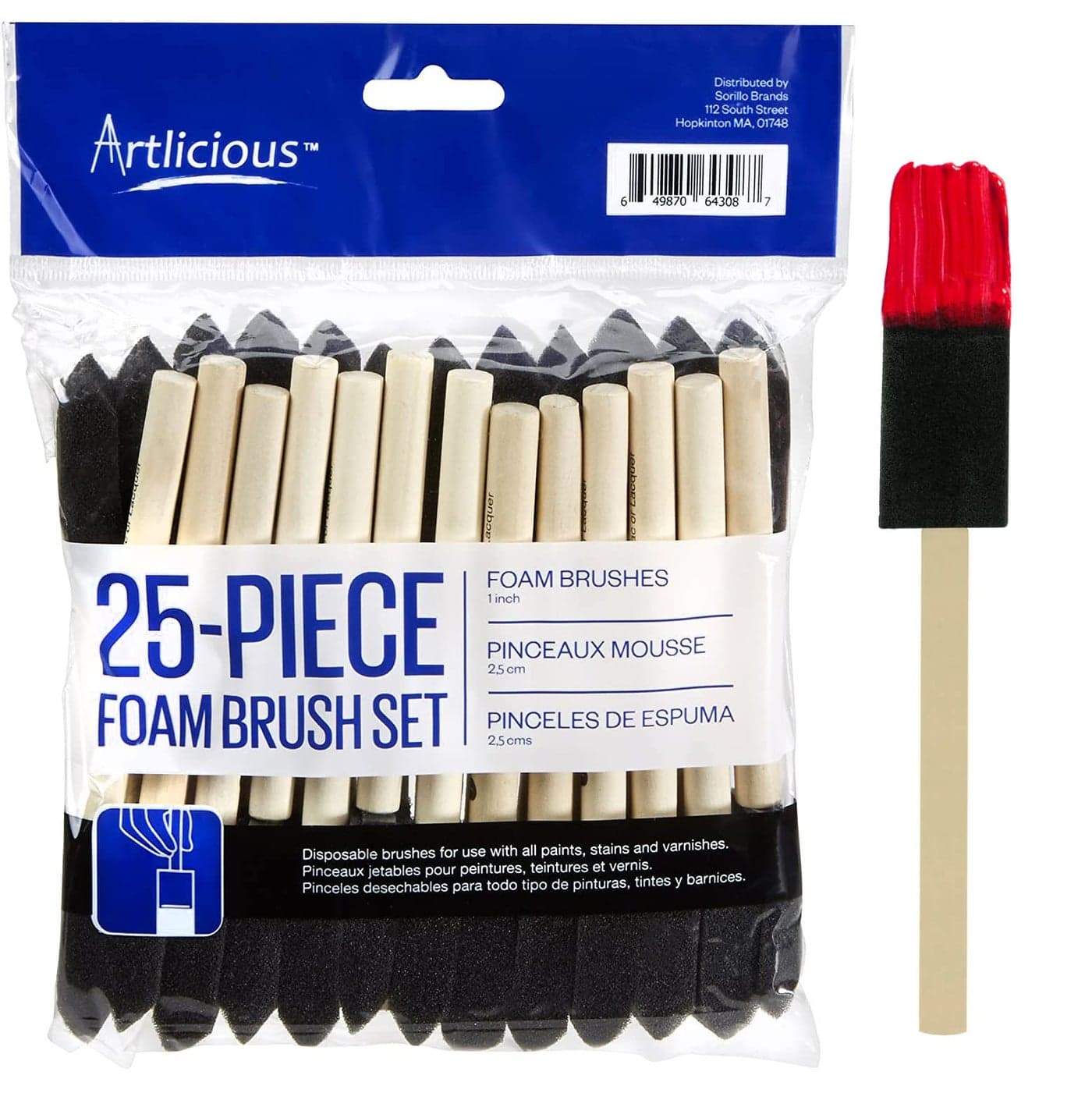 Artlicious 1 Inch Foam Brushes Wood Handle Paint Brush Set Value Pack of 25 Lightweight Durable and Great for Acrylics Stains Varnishes Art Crafts