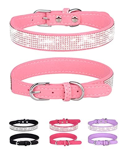 Dog Collar for Small Dogs, Adjustable Leather Suede Bling Dog Collars,Pink Dog Collar Cat Collar, Rhinestone Dog Collar(S, Pink)