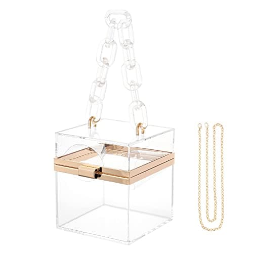 WJCD Cute Clear Acrylic Plastic Neon Hard Frame Party Clutch Purse with Gold Chain Strap (Transparent)