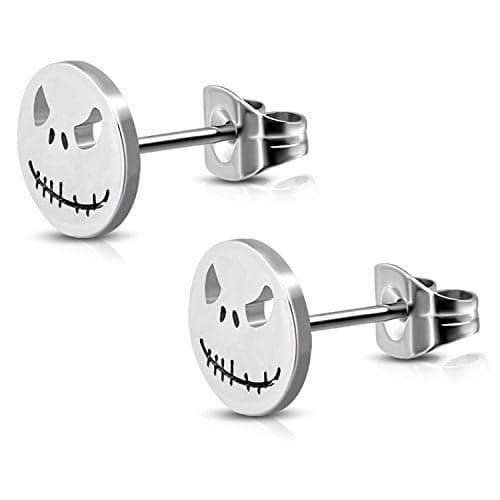 10 MM Stainless Steel Jack Skellington Cut-Out Round Circle Button Stud Post Earrings