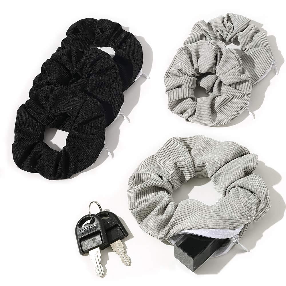 Pocket Scrunchies with Zipper Stash Scrunchy Hair Ties Black Gray