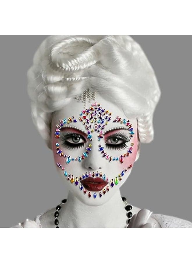 Halloween Face Temporary Tattoos For Women And Men Sugar Skull Face Jewels Gems Tattoos Stickers Face Rhinestones For Makeup Festival Accessories Multicolor