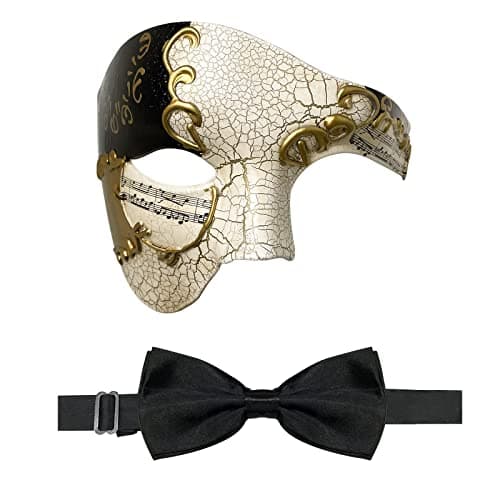 FunMular Masquerade Mask for Men Phantom of The Opera Half Face Mask with Bowtie, Venetian Masks for Halloween Party (Black Gold)