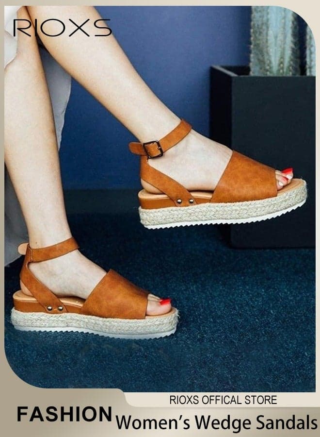 Platform Sandals for Women, Wedge Sandals with Ankle Strap, Ladies Fashion Casual Sandals, Flatform Wedge Sandal for Women, Comfortable Open Toe Sandals for Walking/ Work, Versatile Stylish Sandals for Formal or Daily Wear, Summer Beach Sandals Brown