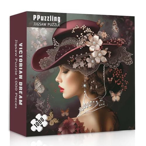 Elegant Victorian Lady Puzzle 1000 Pieces for Adults Vintage Woman with Red Hat Pearls Flowers and Butterflies Jigsaw Puzzle Challenging Retro Classic Aesthetic Art Puzzle