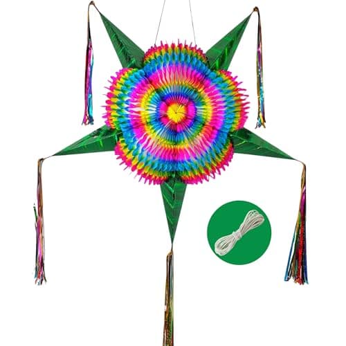 Mexican Star Pinata (32"), Green Cones, Piñatas for Birthday Parties, Handmade, Handpainted, and Foldable, with 25-ft Rope Included