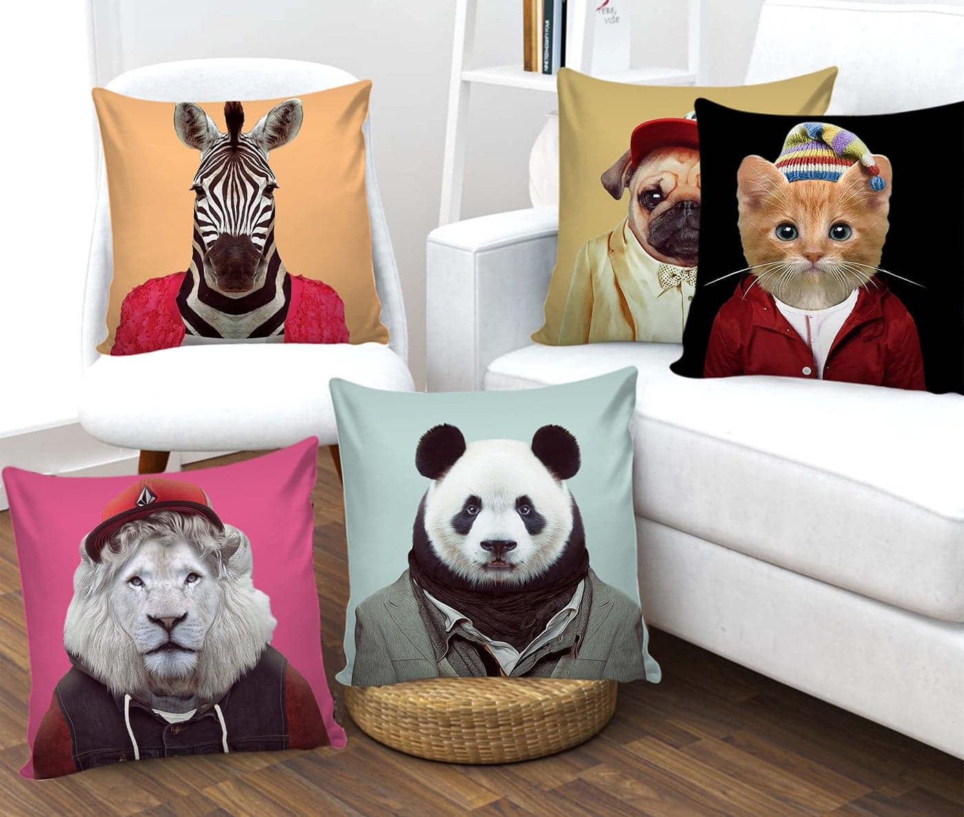 AEROHAVEN Premium Set of 5 Cartoon Digital Printed Hand Stitched Throw Pillow/Cushion Covers - (Multicolor, 12 x 12 Inch, CC191)