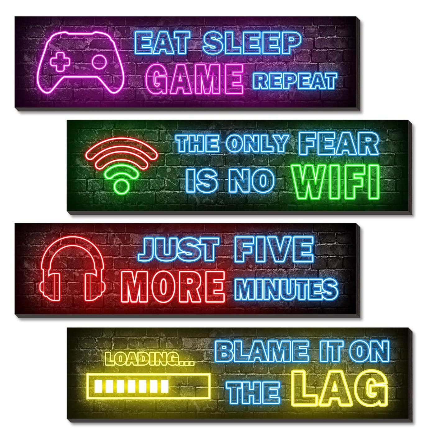 4 Pcs Printed Neon Gaming Posters Teen Boys Room Decorations gamer wall art Decor for bedroom Wooden