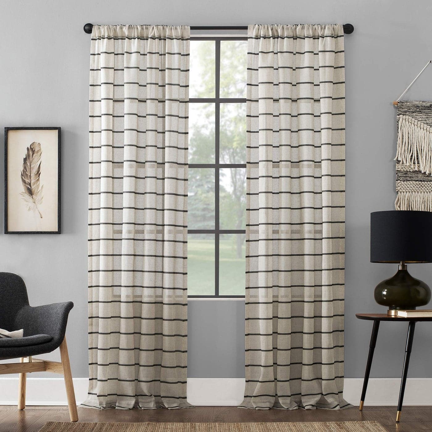 Clean Window Twill Stripe AntiDust AllergyPet Friendly AntiDust Sheer Curtain Panel 52 x 95 BlackLinen