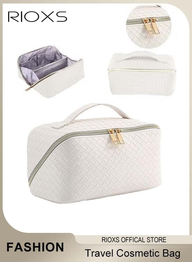 Toiletry Bags, Large Capacity Travel Cosmetic Bags, Travel Makeup Bag for Women, Waterproof PU Leather Checkered Makeup Organizer Bag with Dividers and Handle, Ladies Multifunctional Make-up Organizer, Portable Open Flat Cosmetic Toiletry Bags, Cosmetic Pouch Gifts for Women/ Mam/ Friends, White 24