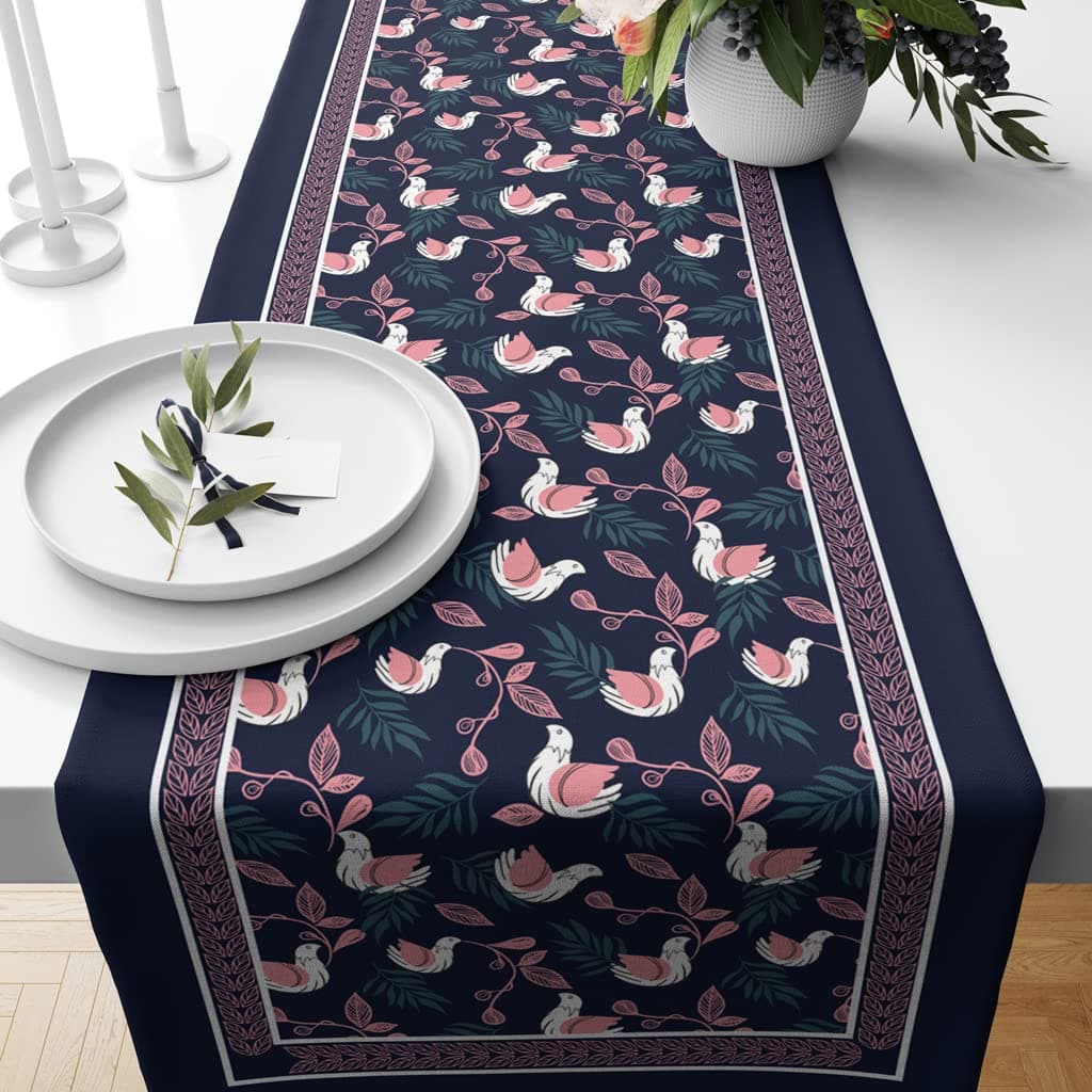 Astitva Cotton Table Runner for 68 Seater Digital Bloomy Bird Printed Table Decor Size 12x72 inches Modern Aesthetic Home Decor Tablecloth for Centre and Coffee Table Washable Blue