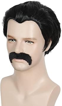 Linfairy Short 80s Costumes Mens Disco Dirt Bag Wig Moustache Halloween Cosplay Costume Black Wig