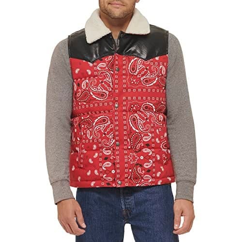 Levi's Men's Out West Mixed Media Puffer Vest, Red Bandana Print, Large