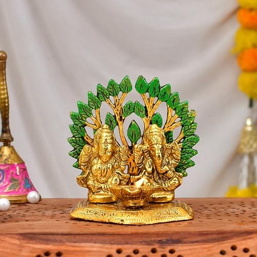 CraftVatika Diya Lakshmi Ganesha Idol for Diwali Decoration Gift Items for Home Decor - Aluminium Laxmi Ganesh Murti for Diwali Pooja & Office Decor, Diwali Festival Gift Item, Gold, 8cm, 9cm