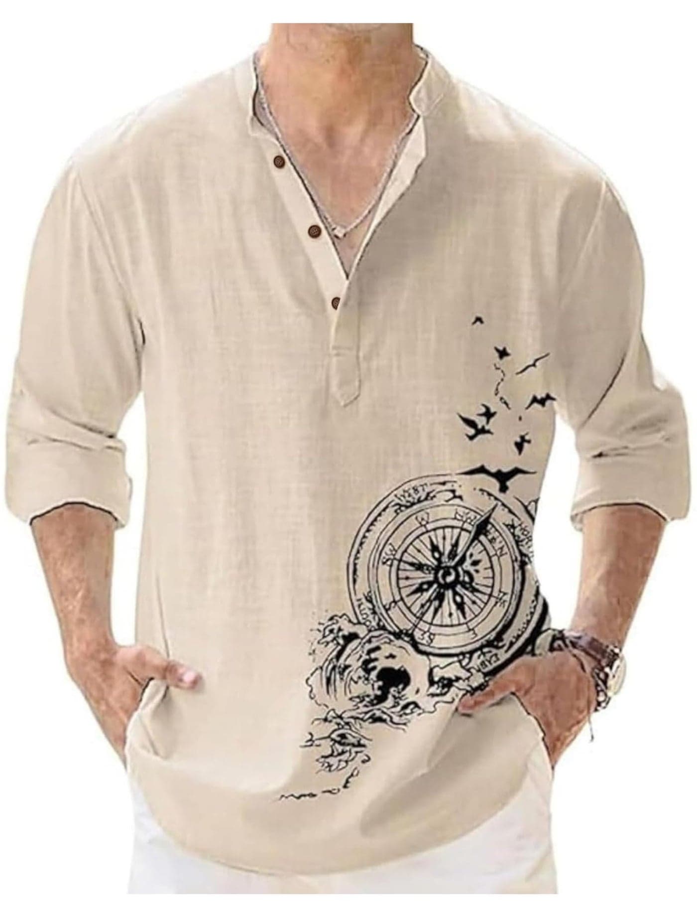DEELMO Men's Cotton Blend Mandarin Collar Self One Design Full Sleeve Casual Short Kurta (Beige, M)