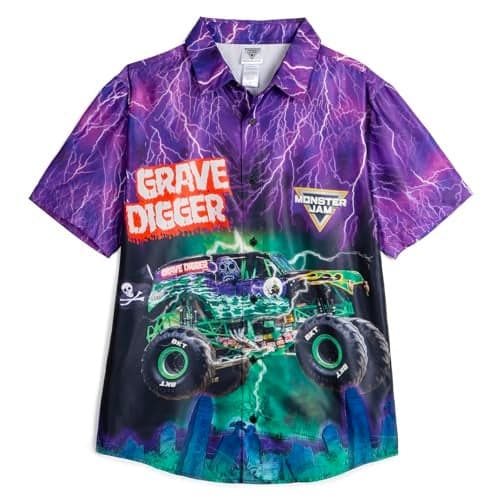 Monster Jam Trucks Grave Digger Toddler Boys Button Down Shirt Purple/Green 2T