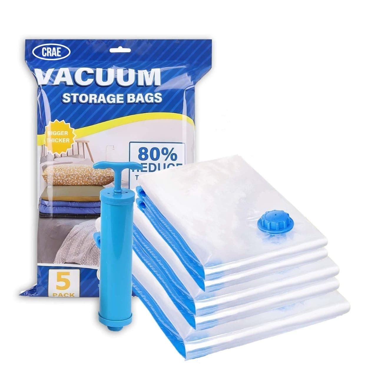 Crae Vacuum Storage Bags for Travel,Space Saver Compression Storage Bags for Packing | Airtight Reusable Ziplock with Hand Pump |(2 Piece 50X70,2 Piece 60X80,1 Piece 80X100,1 Hand Pump) 5 Piece Set