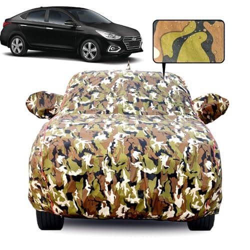 Slamio Waterproof Car Body Cover for Hyundai Fluidic Verna (2011-2016) with Mirror Pocket, Soft Cotton Lining, Triple Stitched, Full Bottom Elastic (Heat Resistant Jungle Print with Red Piping)