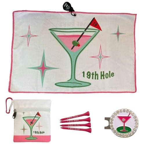 Giggle Golf Martini Par 3 Pack for Women, Microfiber Waffle Weave Golf Towel, Tee Bag with Tees and Bling Ball Marker with Magnetic Hat Clip (19th Hole)