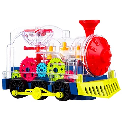 Berry President Transparent Electric Gear Train Toy with Flashing Lights and Music Battery Operated Bump Go Action Train Toys for 3 4 5 6 Year Old Boys Toddlers