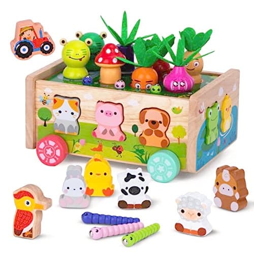 KMTJT Montessori Wooden Toddler Toys for 1 2 3 Years Old Boys Girls Shape Sorting Toys First Birthday Gifts for 12 Years Wood Animal Farm Car Preschool Educational Fine Motor Skills Toy