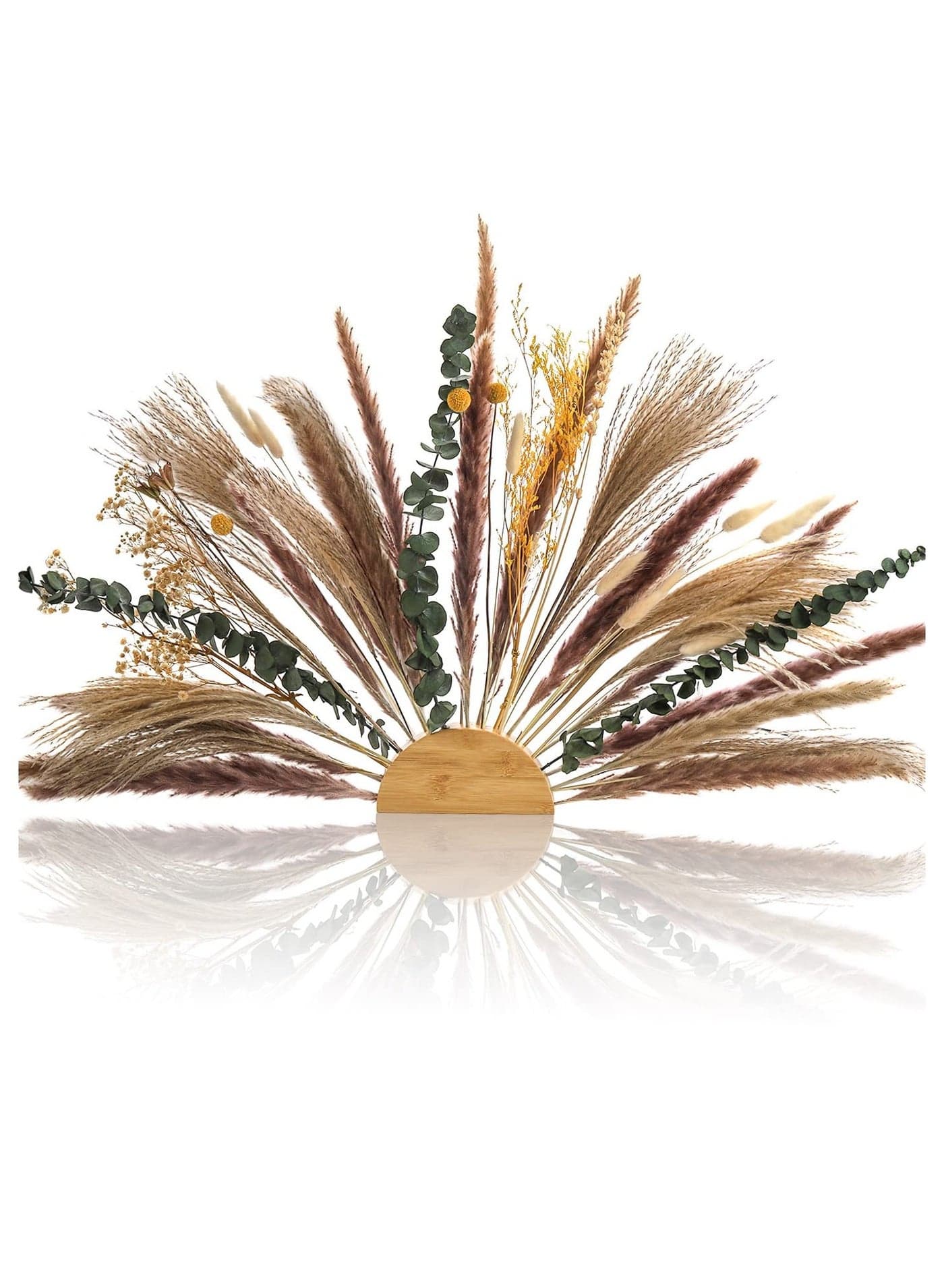 Dried Flowers Decoration, 91 Pcs Natural Pampas Grass Bouquets Boho Decor, DIY Mix Preserved Flowers Wreath with Bamboo Semicircle Base for Fall Arrangement, Wedding, Farmhouse Party