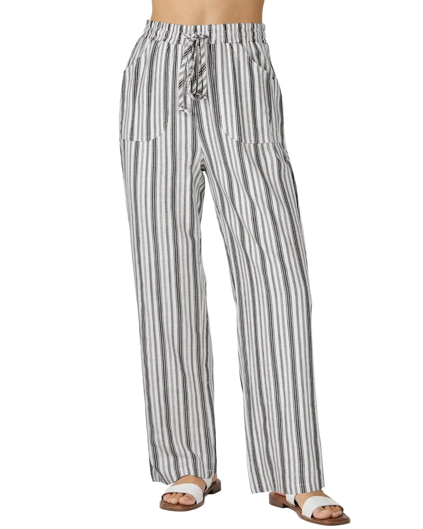 GRAPENT Lounge Pants Summer Outfits for Women Womens Elastic Waist Loose Wide Leg Linen Striped Striped Cotton Linen Pants, Cream White Stripe, L, US Size 12 to 14