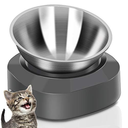 AYADA Raised Cat Food Bowl, Stainless Steel Cat Dish for Dry Wet Food Water, Anti Vomiting Elevated with Stand Ergonomic Lifted Slanted Tilted 15 Angle Metal Single Kitty Kitten Pet Bowl (Single)