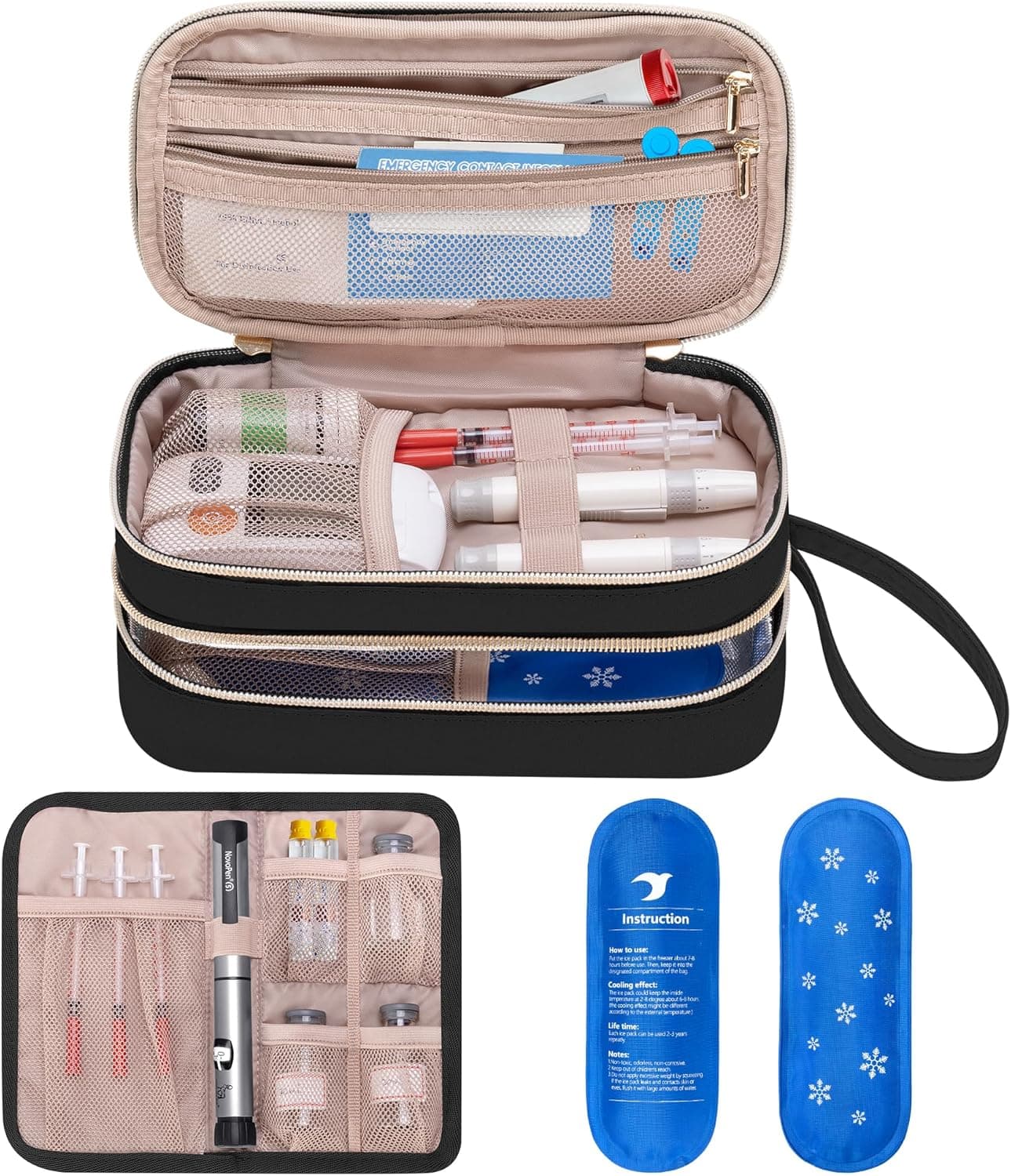 Yarwo Insulin Cooler Travel Case with 2 Ice Packs, Double-Layer Diabetic Insulated Organizer, Portable Medication Bag for Insulin Pens, Glucometer and Diabetes Care Kits, Black (Patented Design)