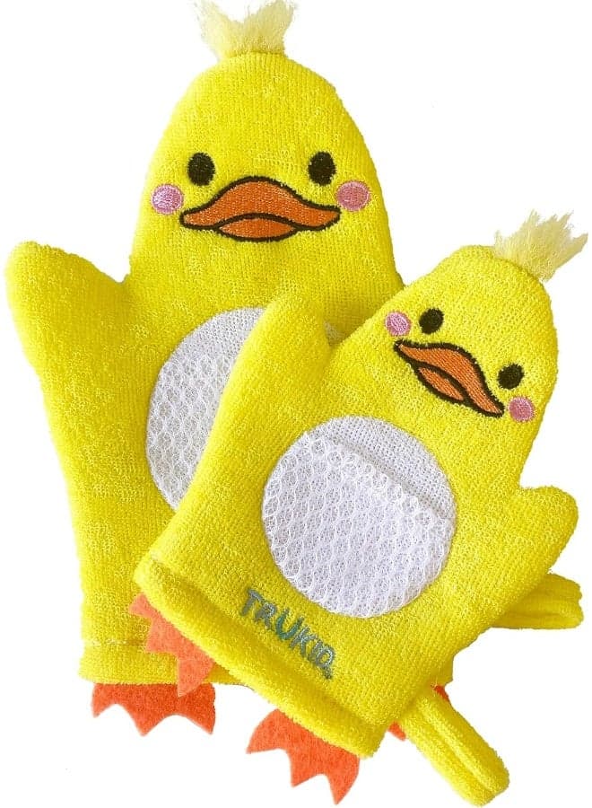 TruKid BubbleGlove, Bath Wash Gloves-Sponge - Hand Puppet for Kids & Toddler, Bath Sponge & Baby Washcloth Mitt for Kids & Adults, Body Scrubber for Mommy & Me - Duck Set of 2