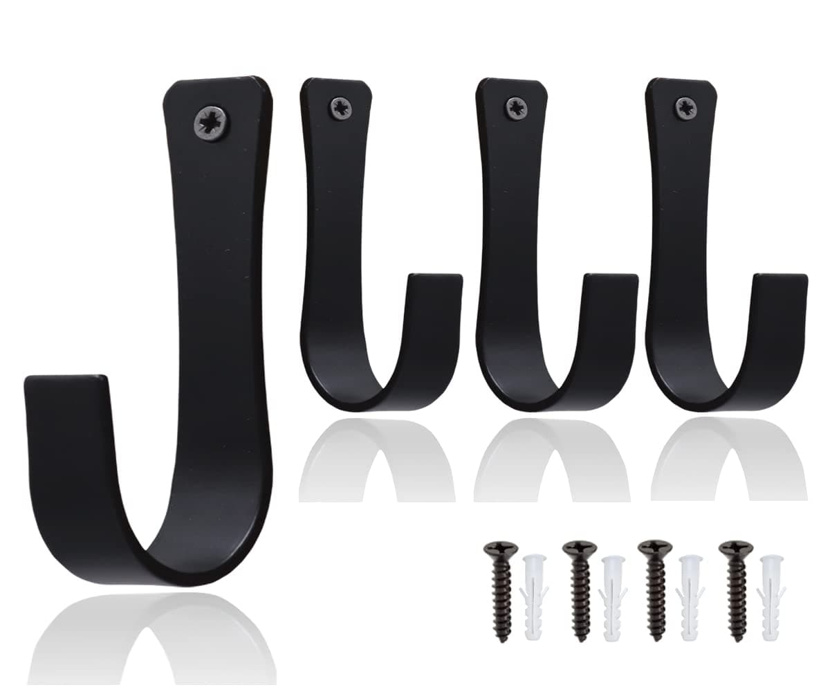 The Metal Magician Set of 4 Coat Hooks Wall Mounted Wrought Iron Hanger Farmhouse Rustic Key Holder Towel Handbags Hat Hanging Perfect for Bathroom Kitchen Living Room Black